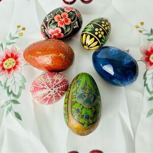 Colorful Hand-Painted Decorative Eggs Ukraine Wooden Ceramic Mixture of 6